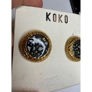 Koko Clip On Earrings Gold Tone Black Silver Abstract Mosaic Round Button 1 Inch